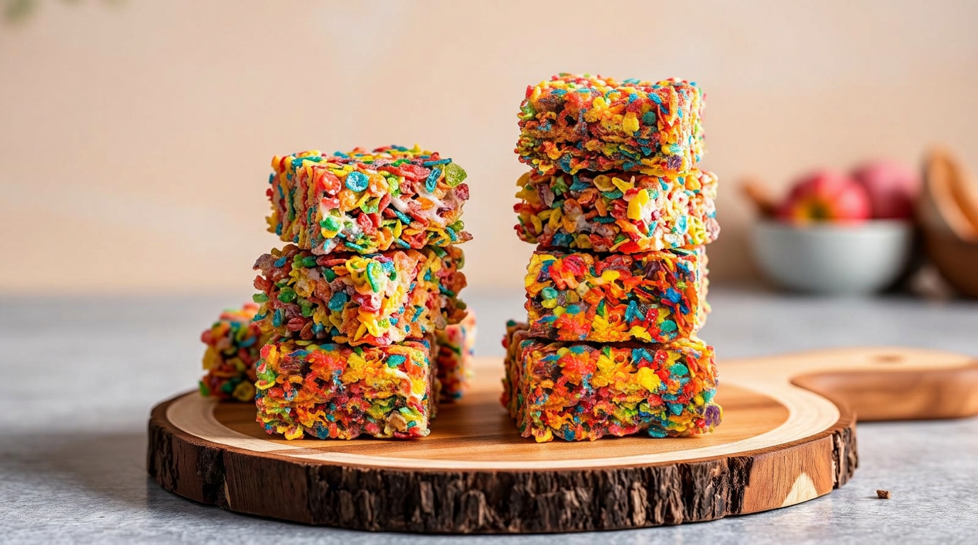Stack of colorful homemade crispy cereal treats on a wooden board